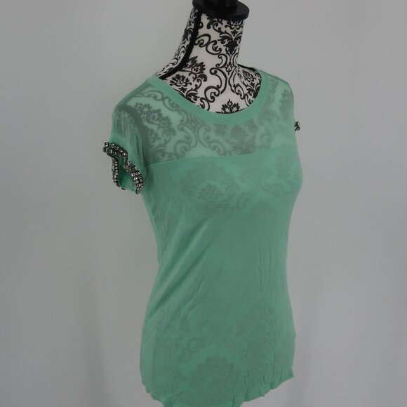 INC International Concepts Teal Semi Sheer T-Shirt Rhinestone Detail Sleeves XS - Picture 1 of 9